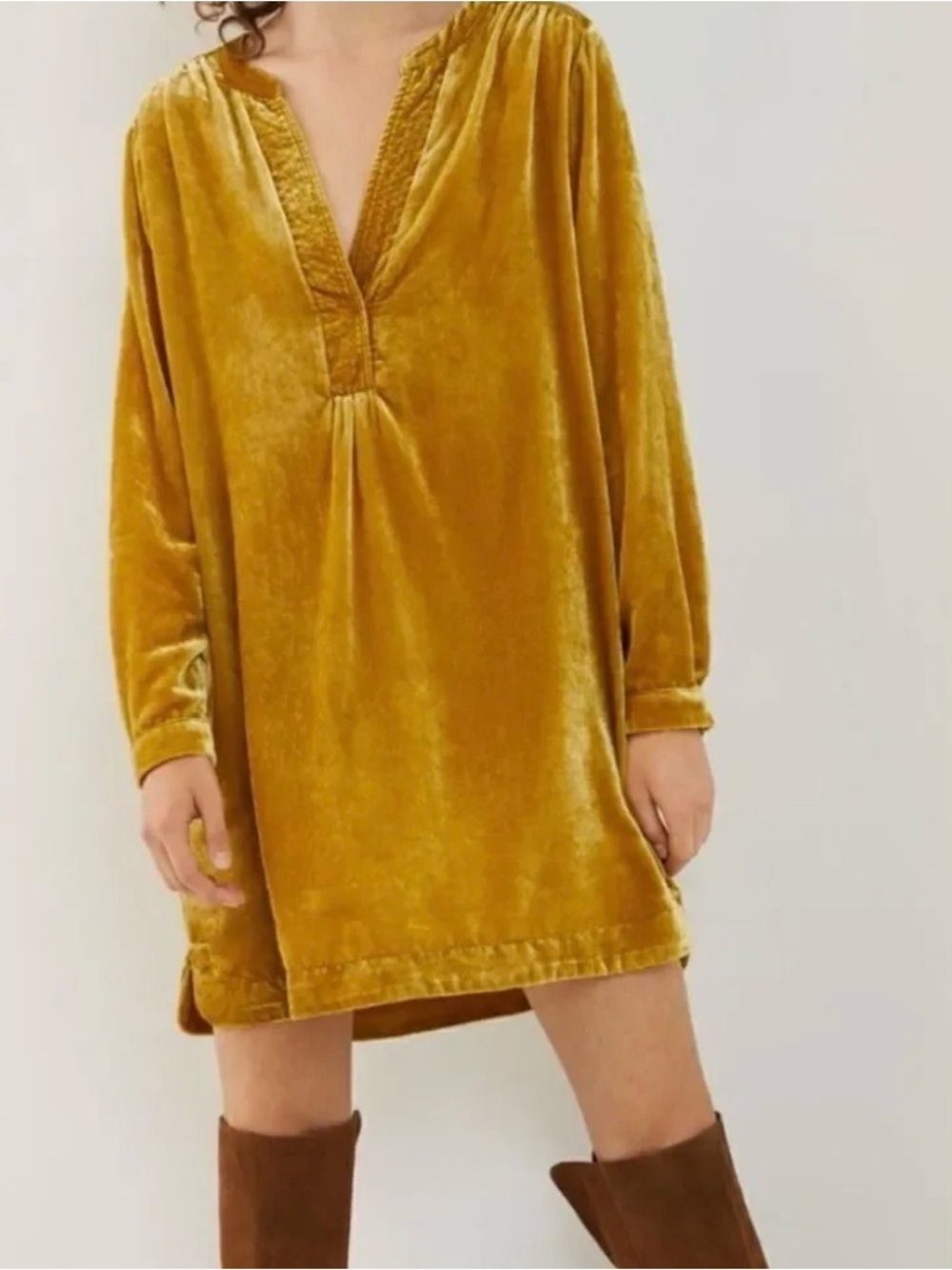 By Anthropologie Melody Velvet Tunic Dress Gold Chartreuse XS EUC - Picture 3 of 8